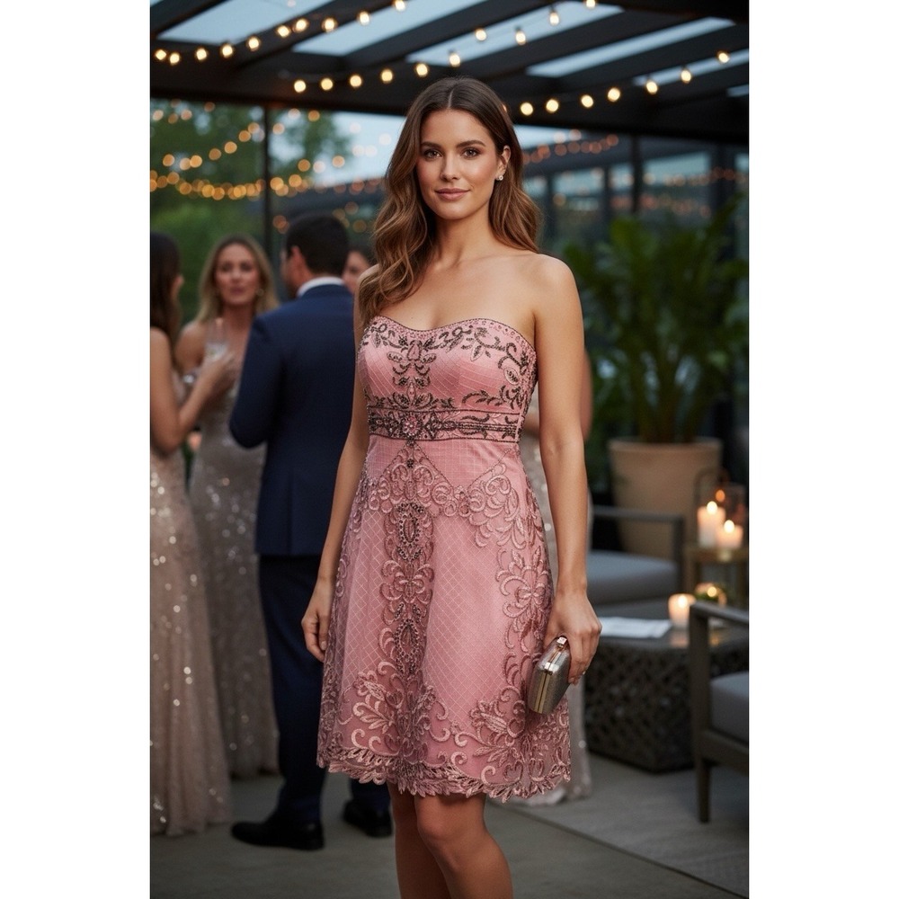 Sue Wong Nocturne Coral Beaded Short Dress Size 10 Strapless Sweetheart Formal